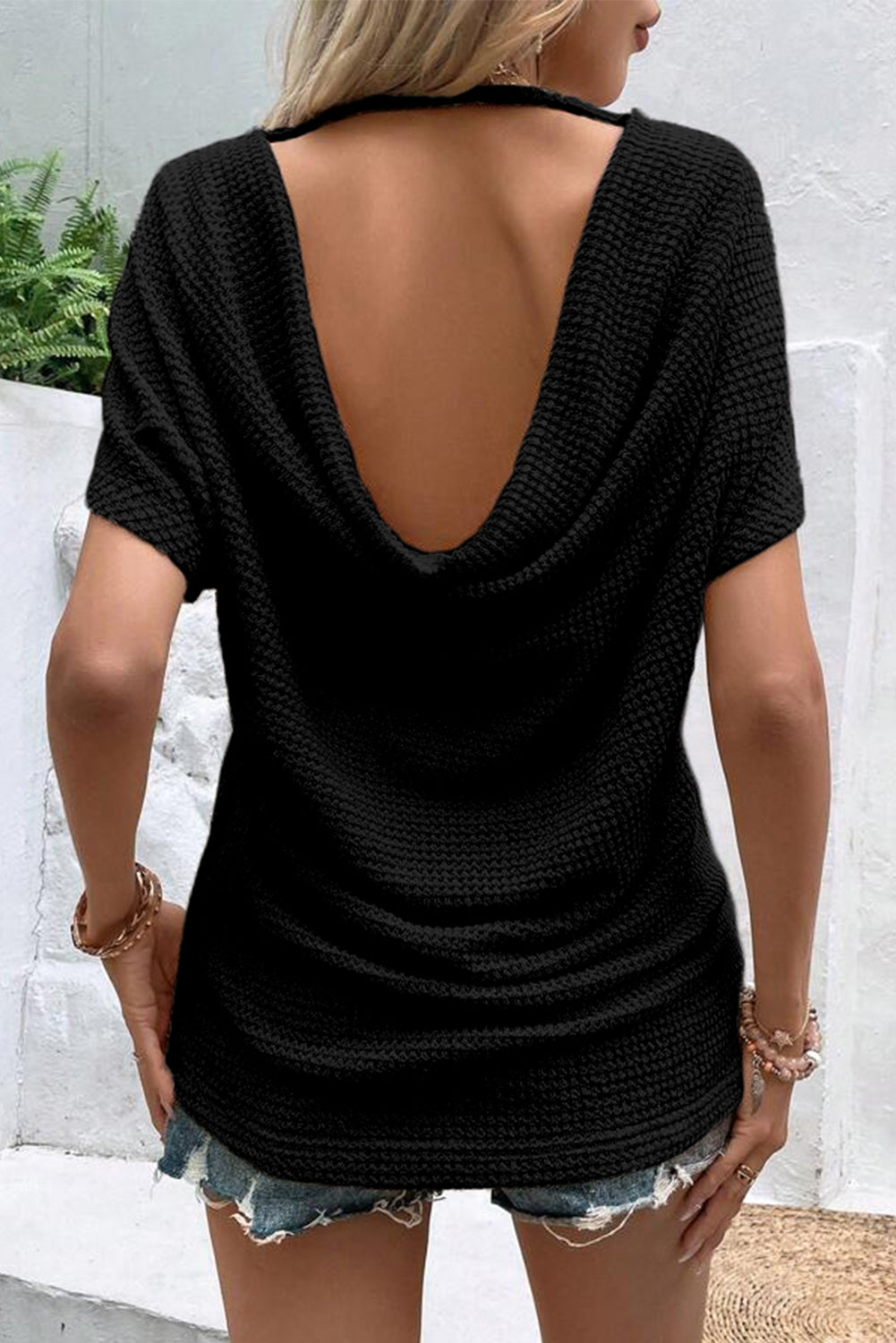 Backless Round Neck Short Sleeve T-Shirt Trendsi