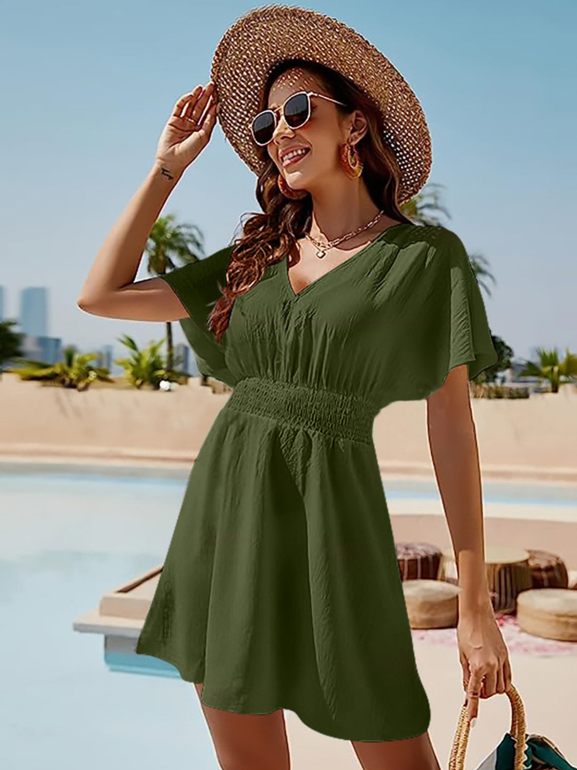 Smocked V-Neck Short Sleeve Dress - Flyclothing LLC