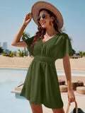 Smocked V-Neck Short Sleeve Dress - Flyclothing LLC