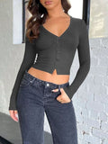 Buttoned V-Neck Long Sleeve T-Shirt - Trendsi