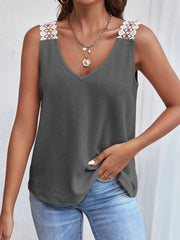 Lace Detail Waffle-Knit V-Neck Tank - Trendsi