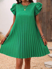 Pleated Round Neck Cap Sleeve Mini Dress Trendsi