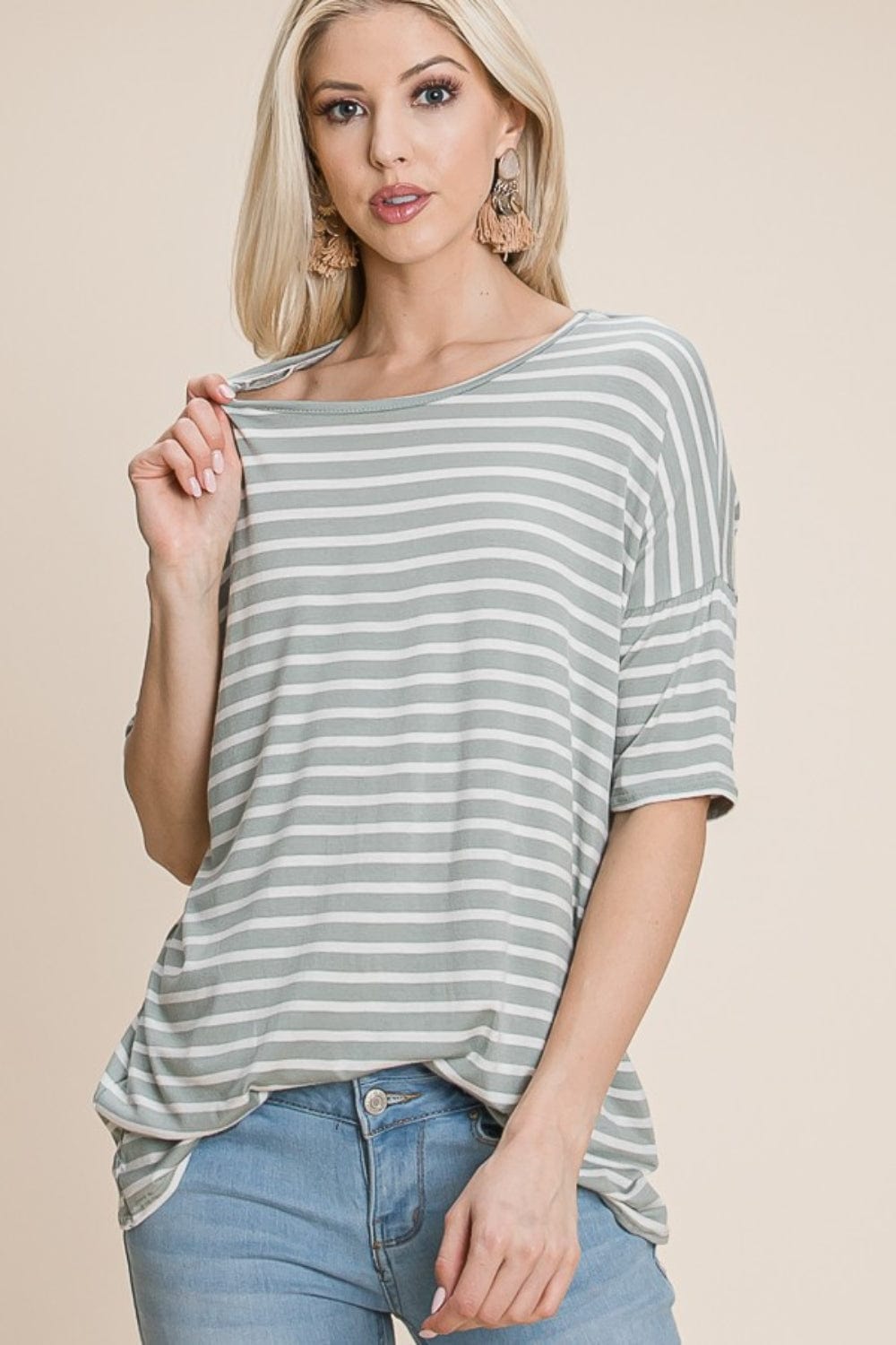 BOMBOM Striped Round Neck T-Shirt - Trendsi