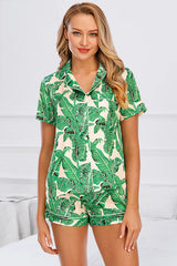 Printed Button Up Short Sleeve Top and Shorts Lounge Set - Flyclothing LLC