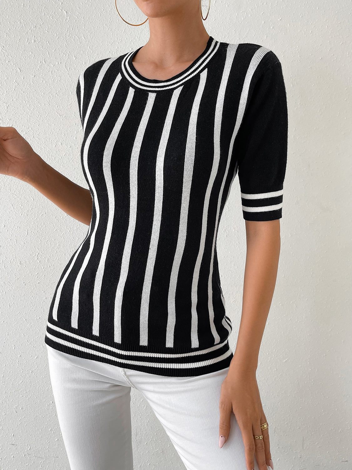 Striped Round Neck Half Sleeve Knit Top - Flyclothing LLC