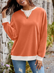 Contrast Round Neck Long Sleeve Sweatshirt - Trendsi