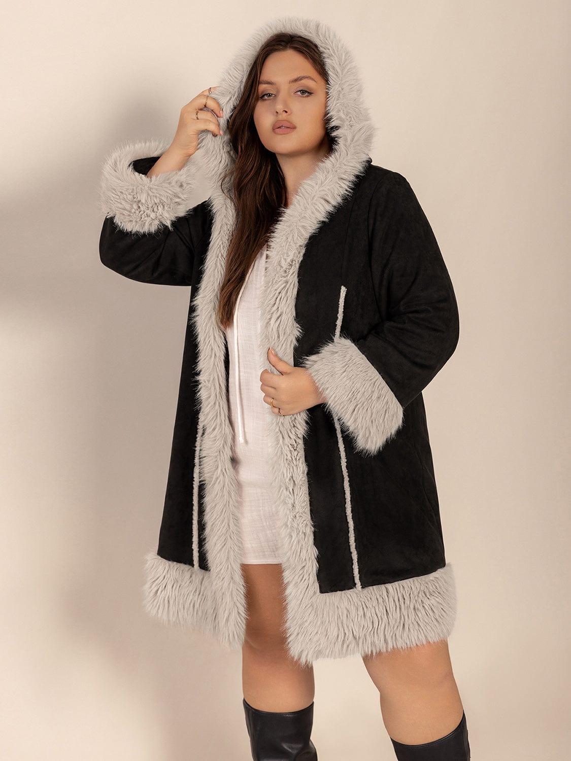 Plus Size Fuzzy Trim Open Front Long Sleeve Hooded Coat - Trendsi