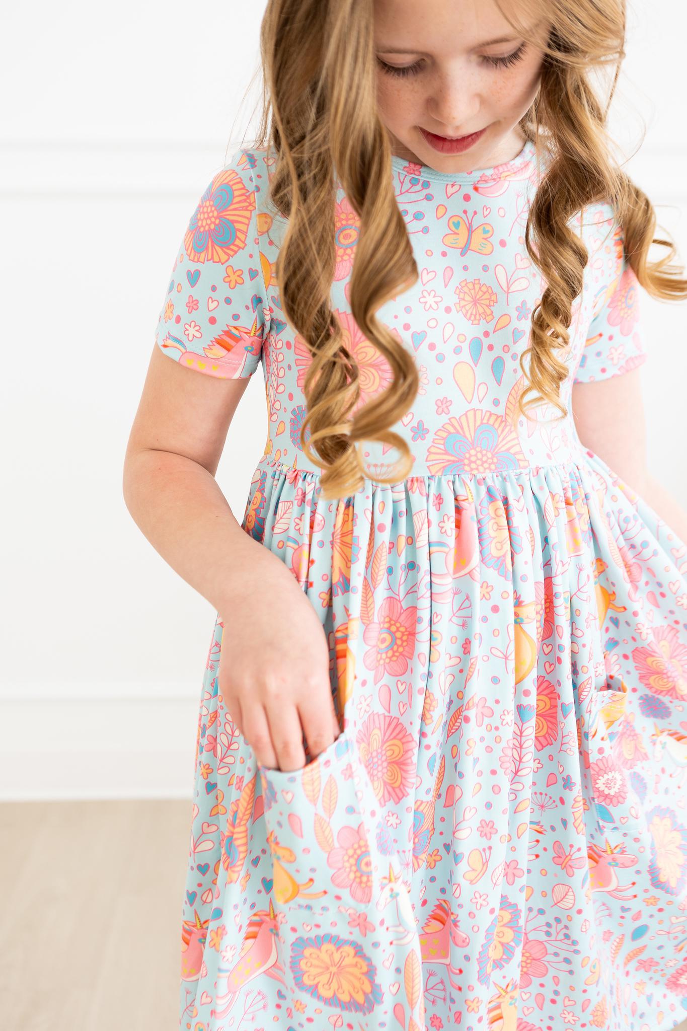 Blue Retro Unicorns S/S Pocket Twirl Dress - Mila & Rose ®