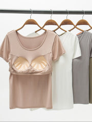 Round Neck Modal T-Shirt with Bra Trendsi