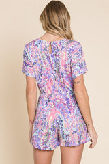 BOMBOM Print Short Sleeve Romper with Pockets - Trendsi