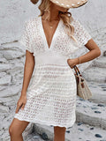 Openwork Plunge Short Sleeve Cover-Up Dress - Flyclothing LLC