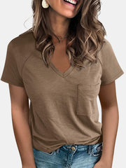 Pocketed V-Neck Short Sleeve T-Shirt Trendsi