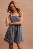 BiBi Flower Printed Wide Strap Denim Overalls