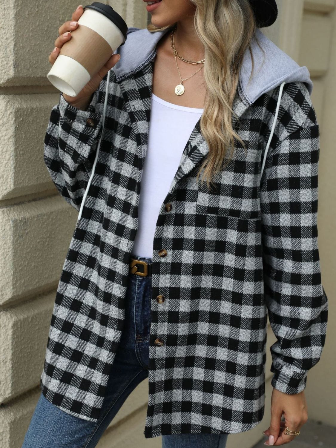 Drawstring Plaid Long Sleeve Hooded Jacket - Trendsi