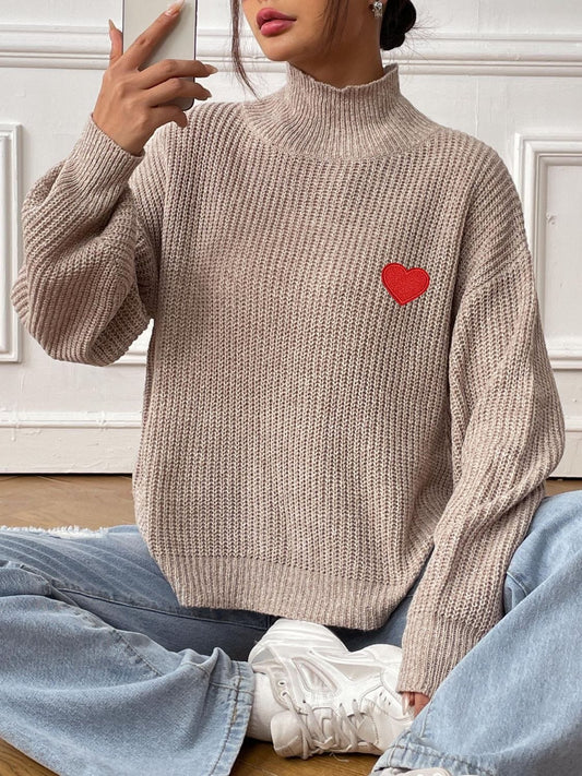 Heart Turtleneck Dropped Shoulder Long Sleeve Sweater - Trendsi