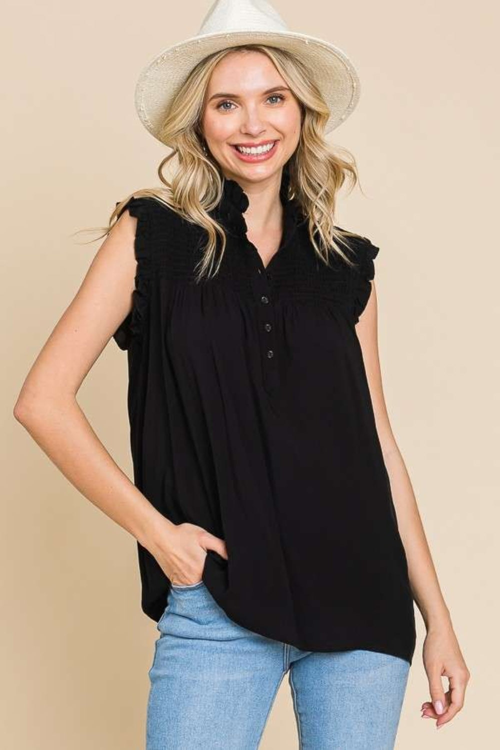 Culture Code Full Size Frill Edge Smocked Sleeveless Top Trendsi