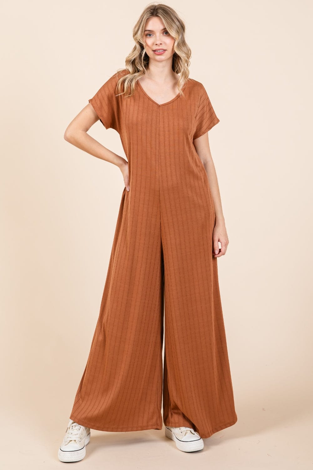 BOMBOM Ribbed Short Sleeve Wide Leg Jumpsuit - Trendsi