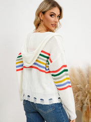 Drawstring Striped Dropped Shoulder Hooded Cardigan - Trendsi