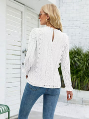 Lace V-Neck Flounce Sleeve Blouse - Flyclothing LLC