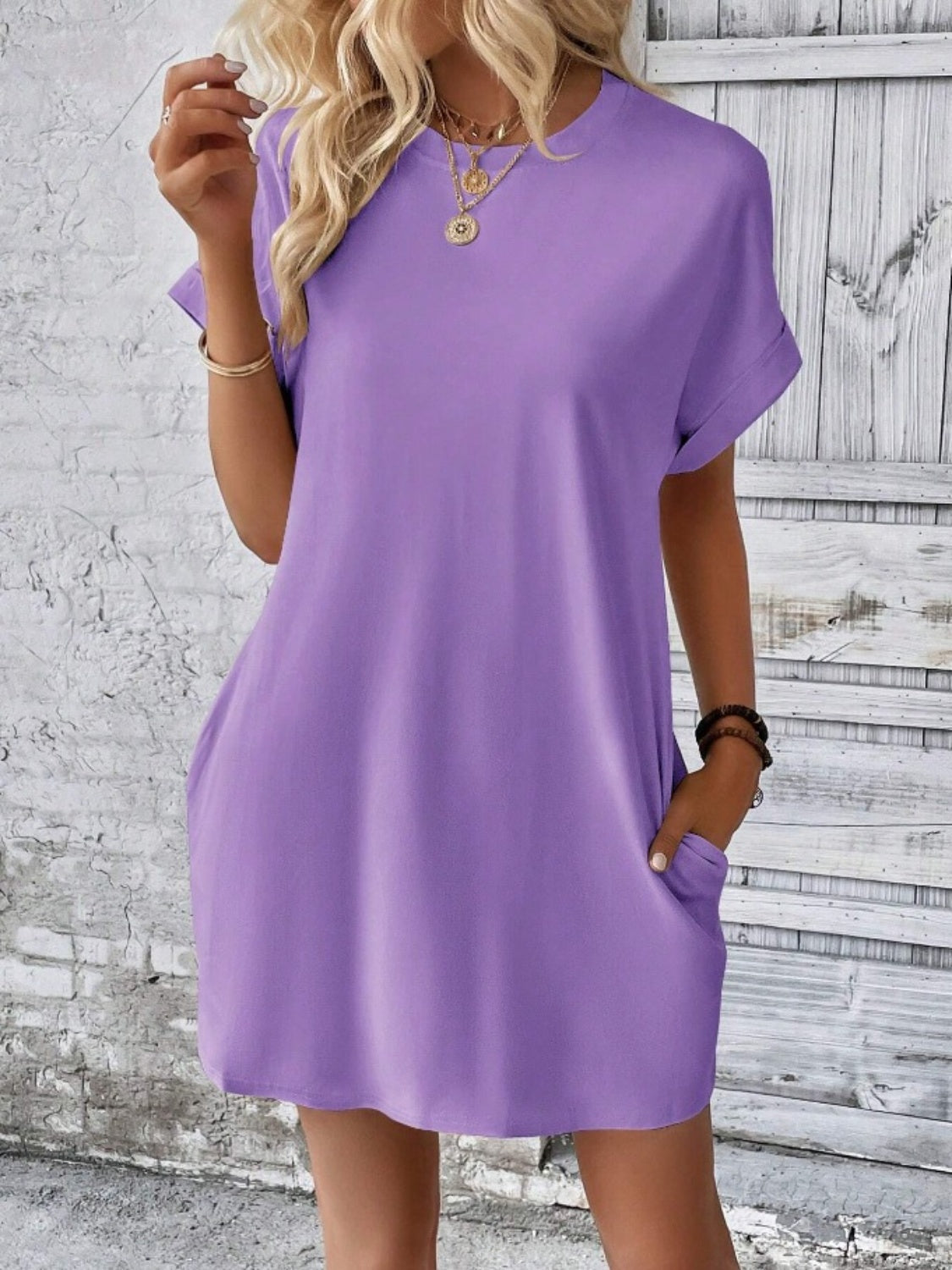 Pocketed Round Neck Short Sleeve Dress - Flyclothing LLC