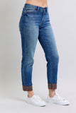 Judy Blue Full Size Plaid Print Cuff Straight Leg Jeans with Pockets - Trendsi