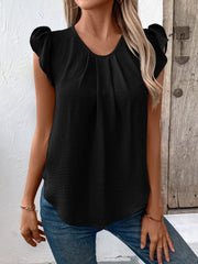 Ruched Round Neck Cap Sleeve Blouse