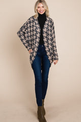 BOMBOM Houndstooth Open Front Cocoon Knit Cardigan - Trendsi