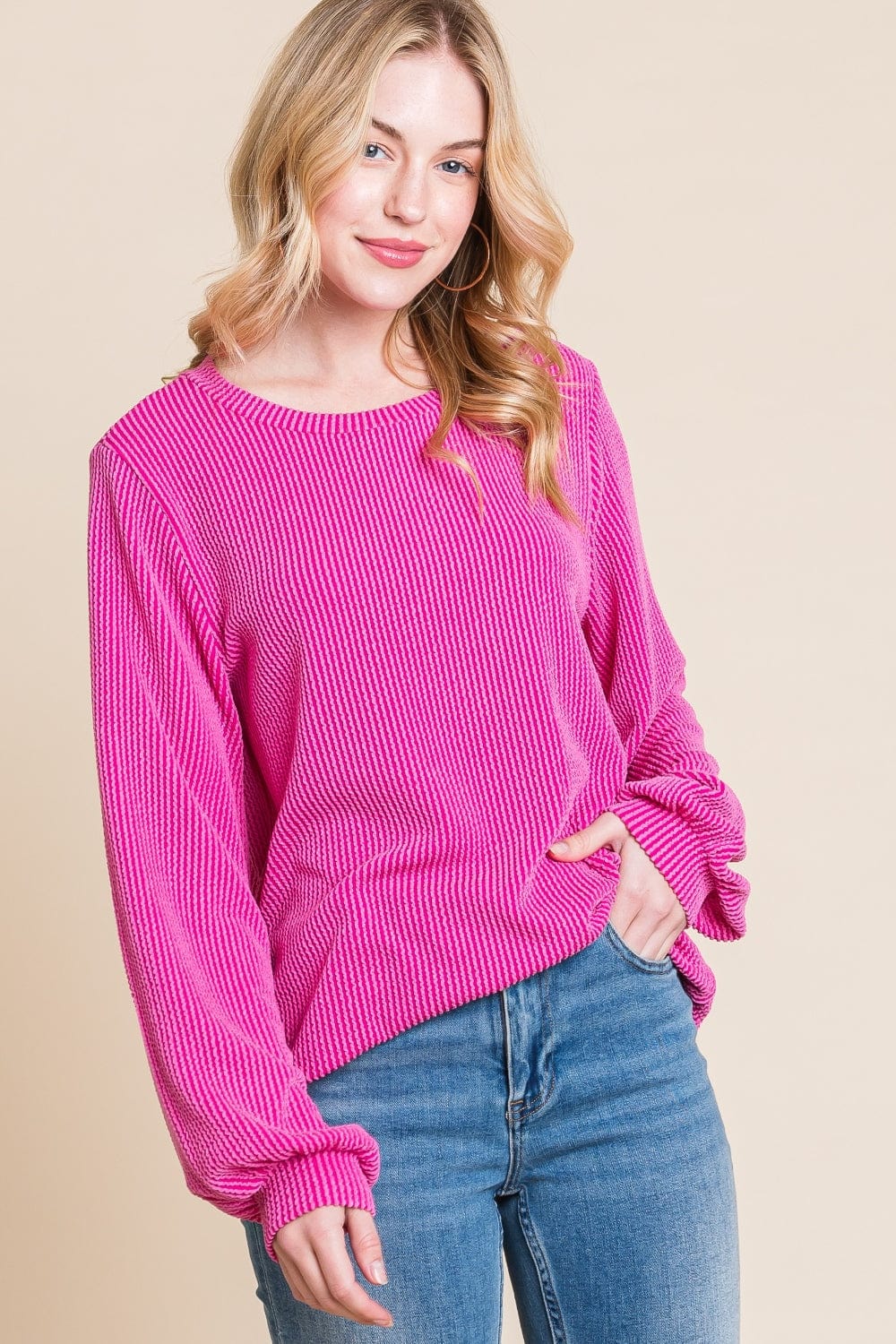 BOMBOM Long Sleeve Curved Hem Ribbed T-Shirt - Trendsi