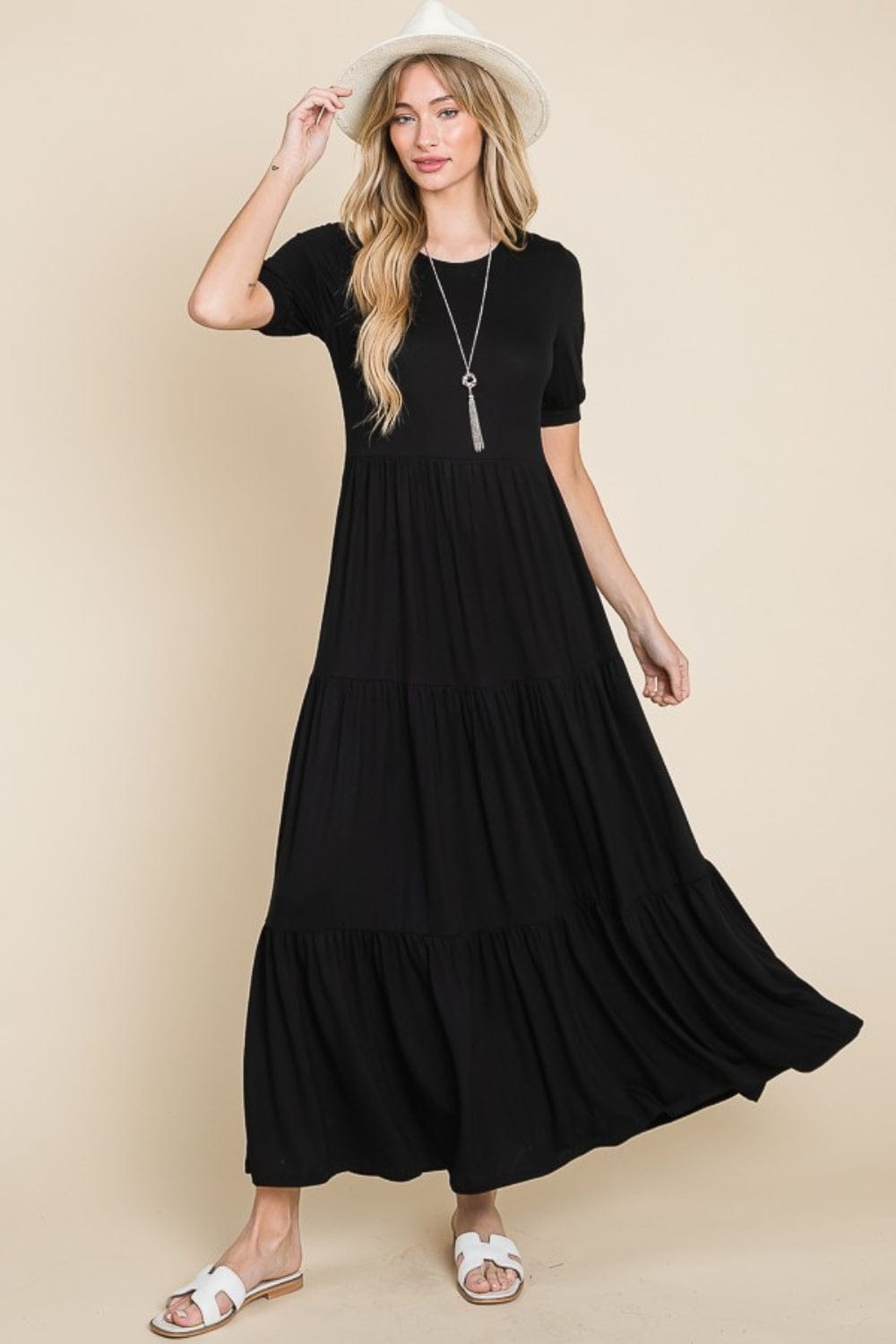 BOMBOM Short Sleeve Tiered Maxi Dress - Trendsi