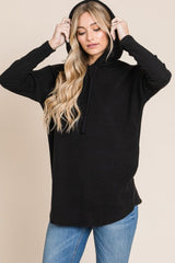 BOMBOM Contrast Drawstring Drop Shoulder Knit Hoodie - Trendsi