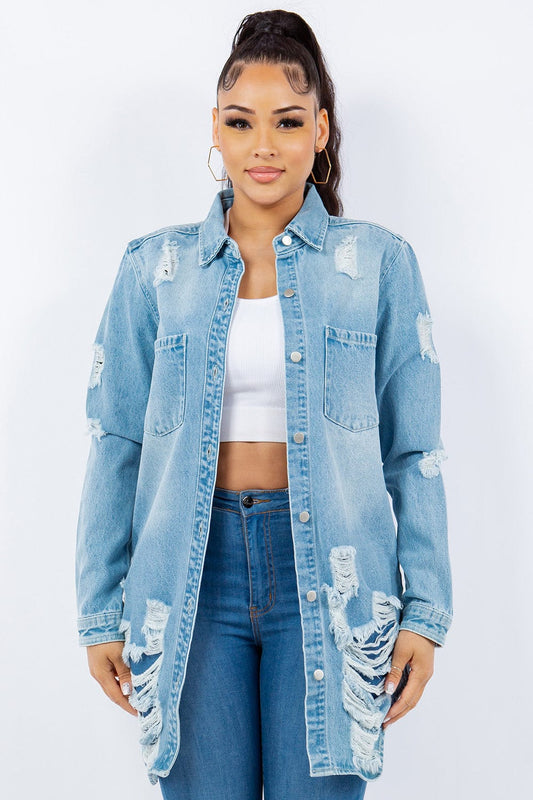 American Bazi Distressed Button Up Long Sleeve Denim Jacket - Trendsi