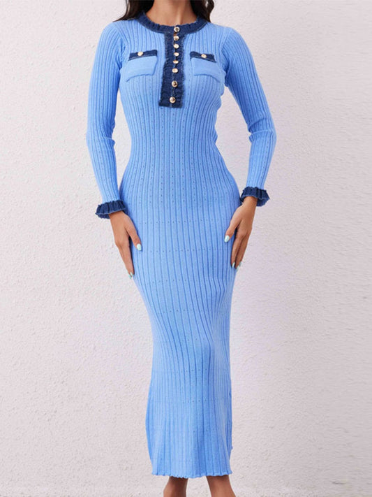 Contrast Trim Round Neck Long Sleeve Sweater Dress - Trendsi