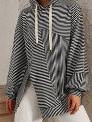 Slit Drawstring Striped Long Sleeve Hoodie