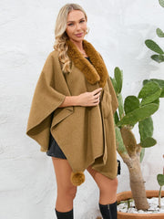 Fuzzy Trim Open Front Poncho - Trendsi