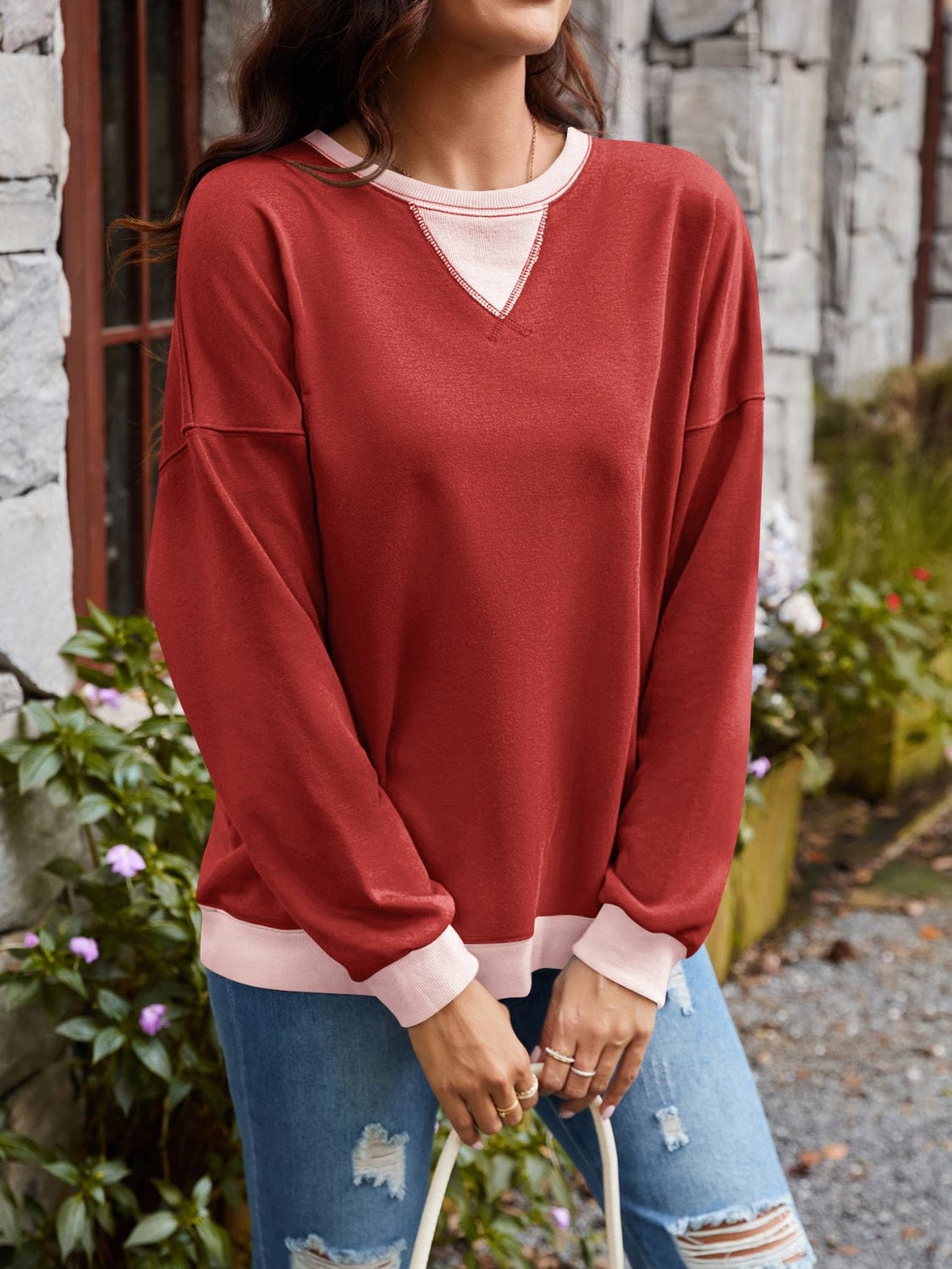 Contrast Round Neck Long Sleeve Sweatshirt - Trendsi