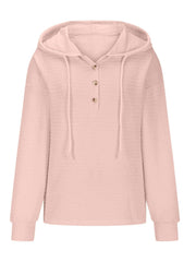 Drawstring Quarter Button Long Sleeve Hoodie - Trendsi