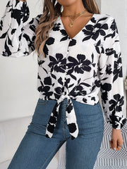 Printed V-Neck Long Sleeve Blouse