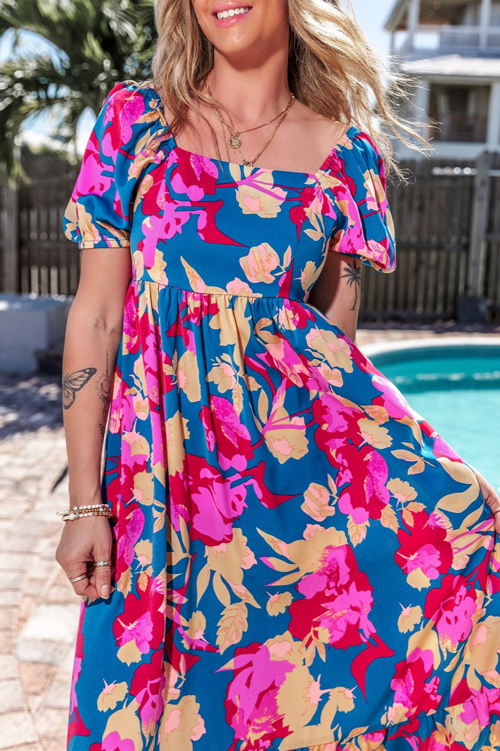 Printed Square Neck Short Sleeve Midi Dress - Flyclothing LLC