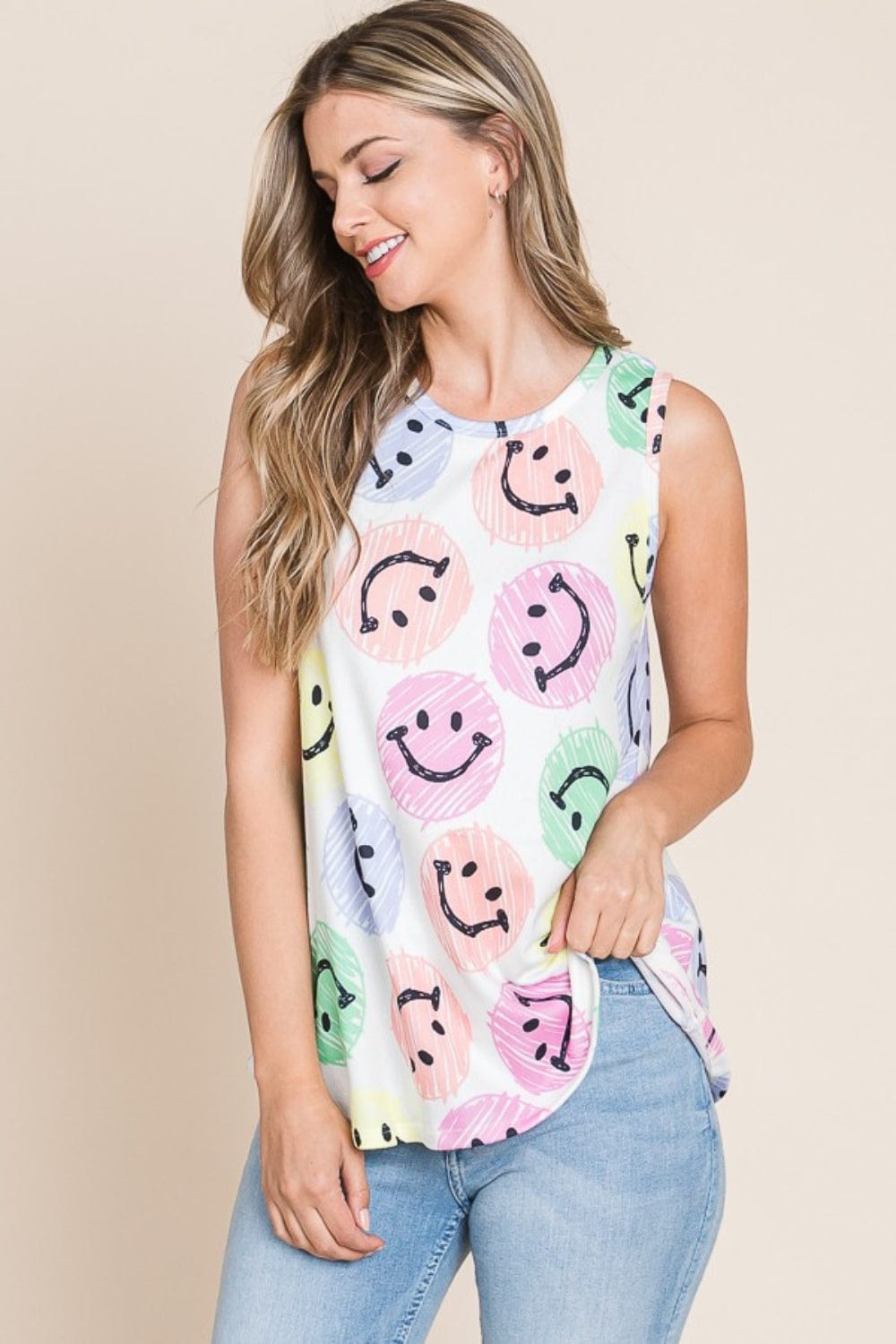 BOMBOM Smiley Face Round Neck Tank - Trendsi