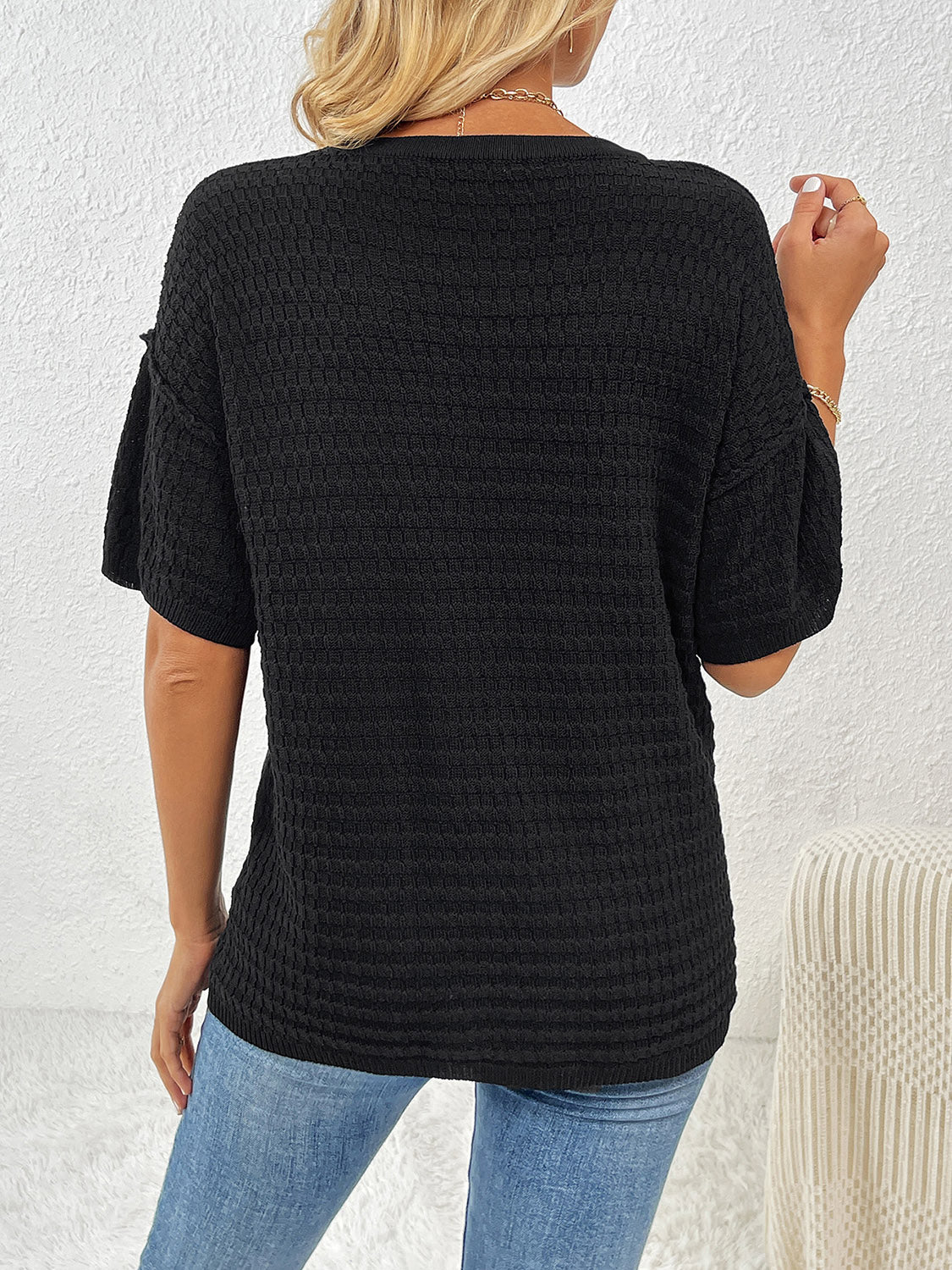 Round Neck Half Sleeve Knit Top - Flyclothing LLC