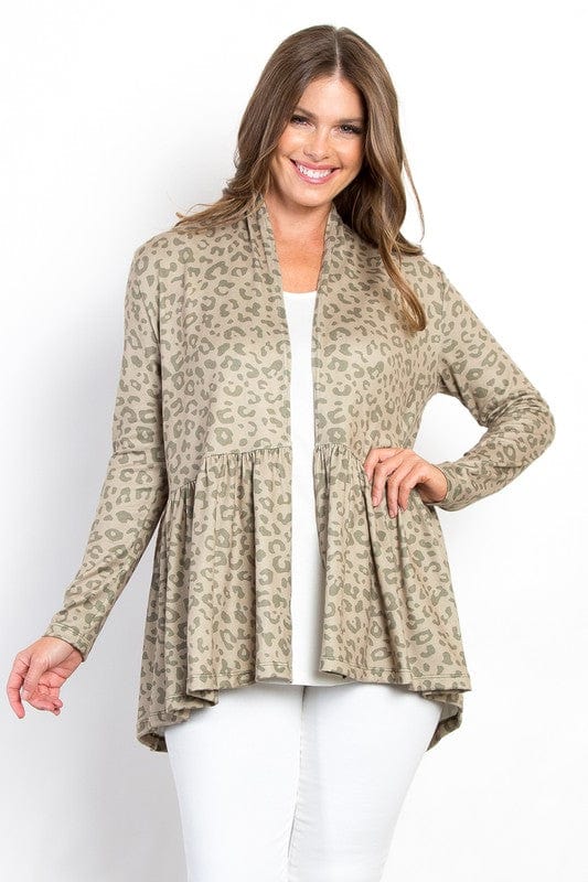 Be Stage Full Size Peplum Leopard Open Front Long Sleeve Cardigan - Trendsi