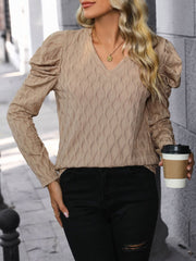 Textured V-Neck Long Sleeve Top - Trendsi