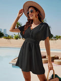 Smocked V-Neck Short Sleeve Dress - Flyclothing LLC