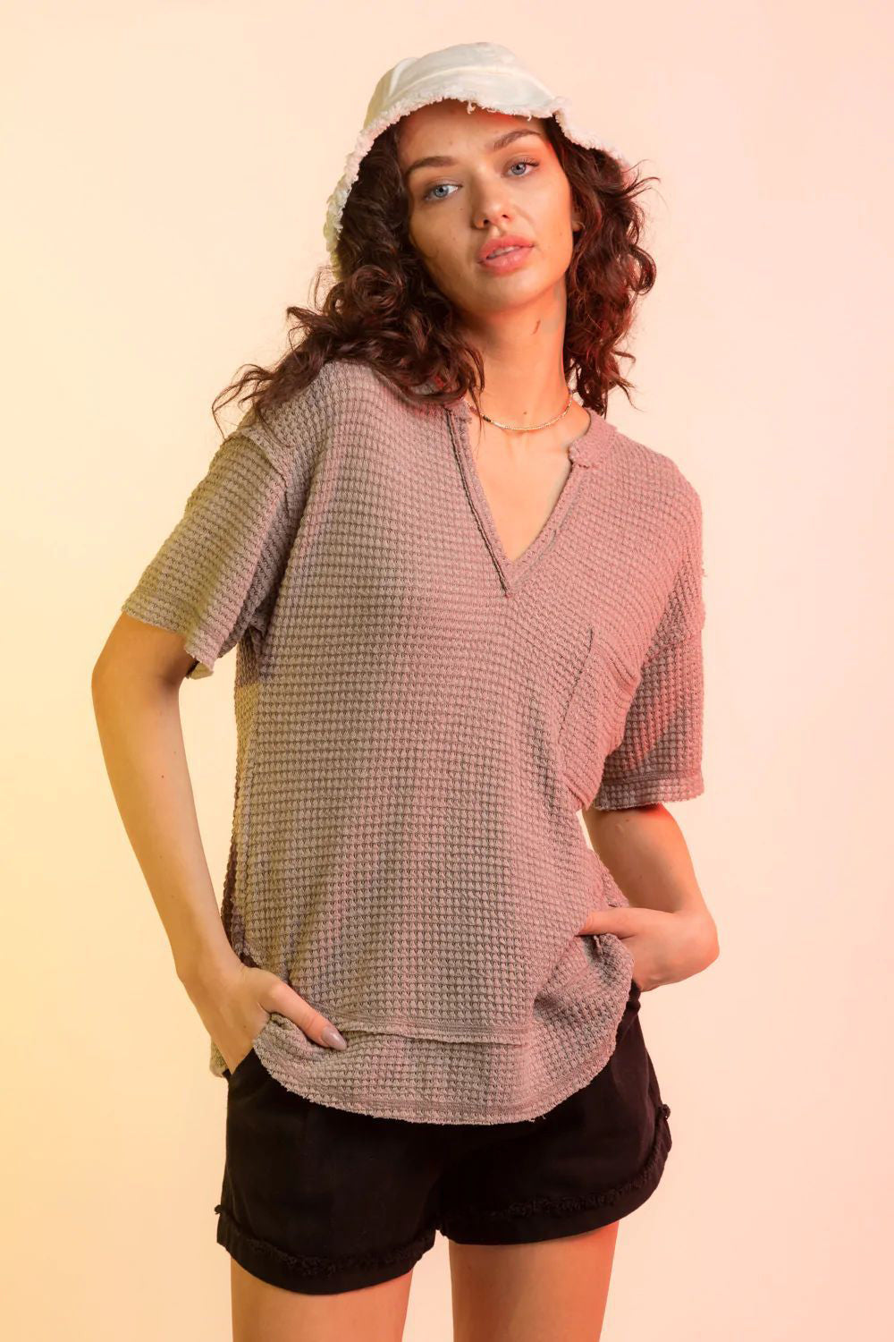 Waffle-Knit Notched Half Sleeve T-Shirt Trendsi