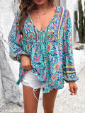 Printed Tie Neck Long Sleeve Blouse - Flyclothing LLC