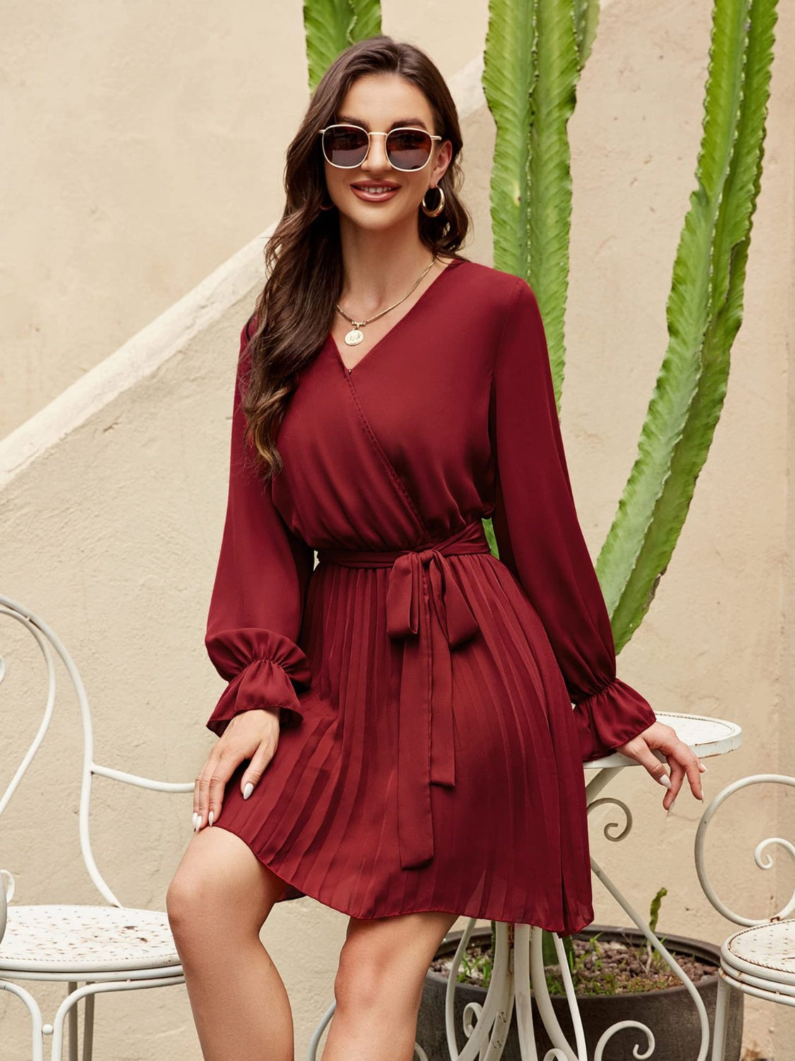 Surplice Flounce Sleeve Pleated Mini Dress - Flyclothing LLC