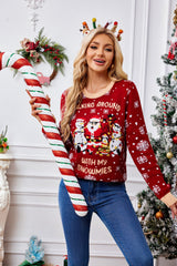 Christmas Pattern Round Neck Long Sleeve Sweater - Trendsi