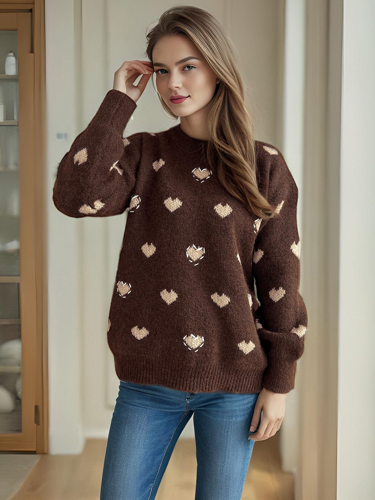 Heart Round Neck Long Sleeve Sweater - Trendsi