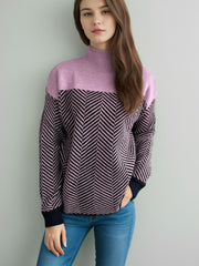 Contrast Turtleneck Long Sleeve Sweater - Trendsi