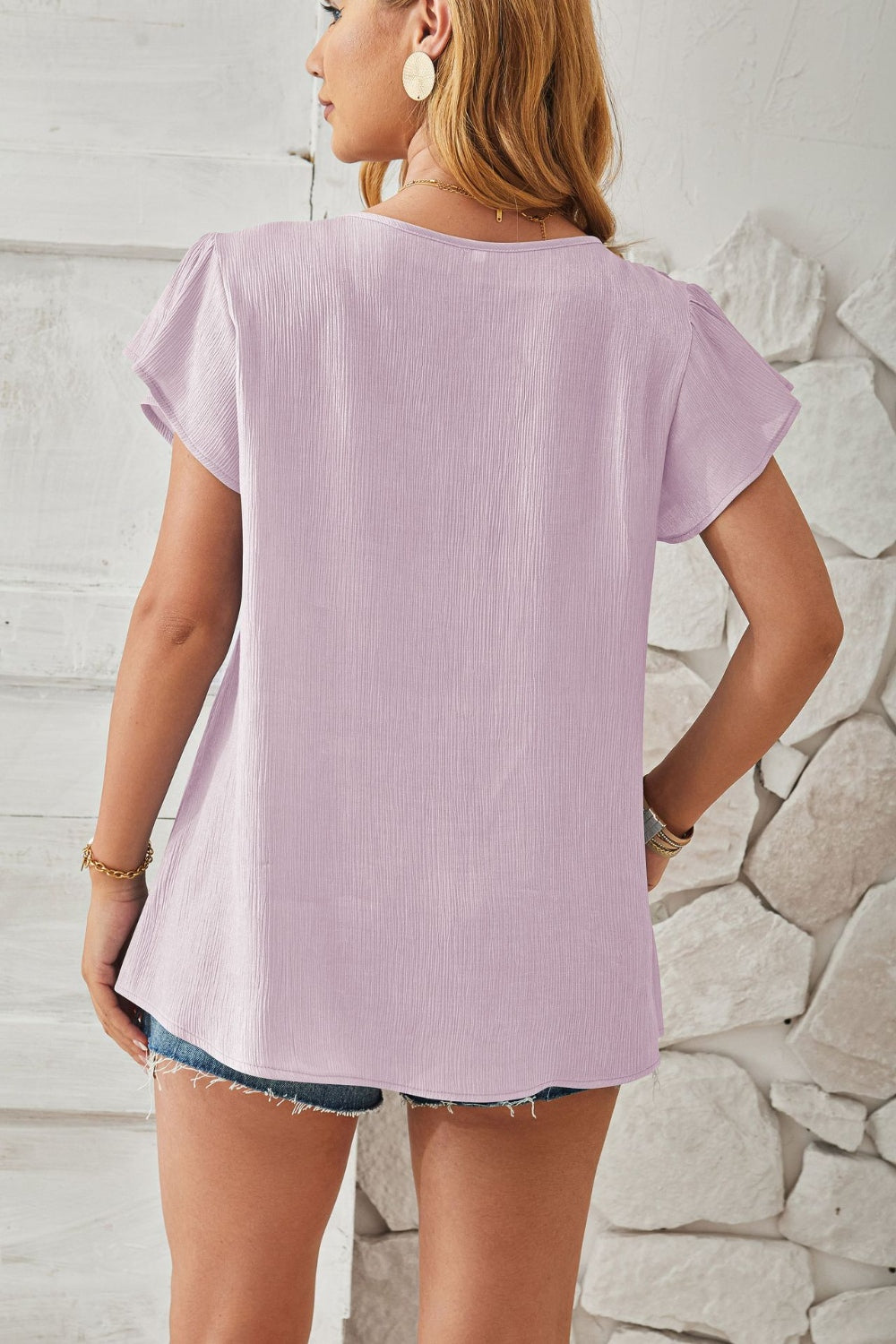 Ruched V-Neck Flounce Sleeve Blouse Trendsi